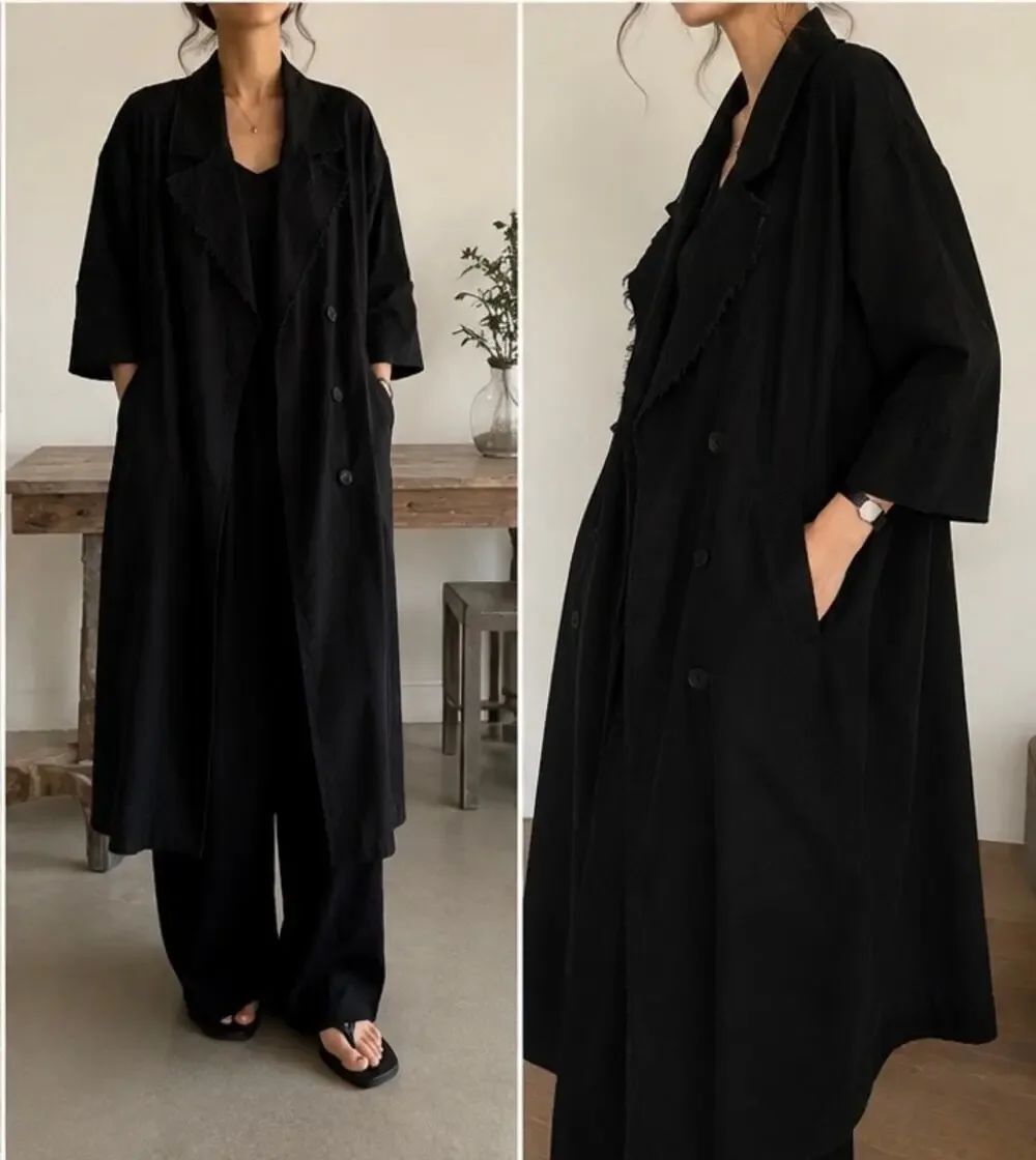 Kei Shirahata Black Oversized Heavy Cotton Trench Coat Open Front Long Jacket M